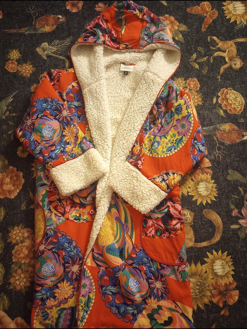 Anthropologie Cream Sherpa-Lined Jacket with Red Floral Trim